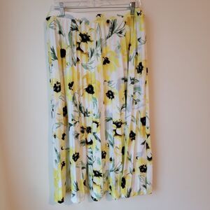 Pleated Floral Skirt Size Large White Yellow Twee Cottage Midi Hyperfeminine